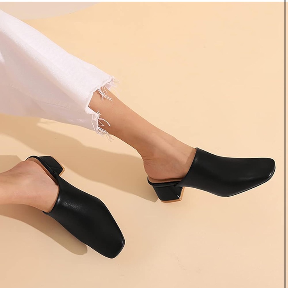 NWOT Size 8 Women Black Chunky Heel Mules Closed Toe Square Toe Slip On Shoes - Picture 4 of 14